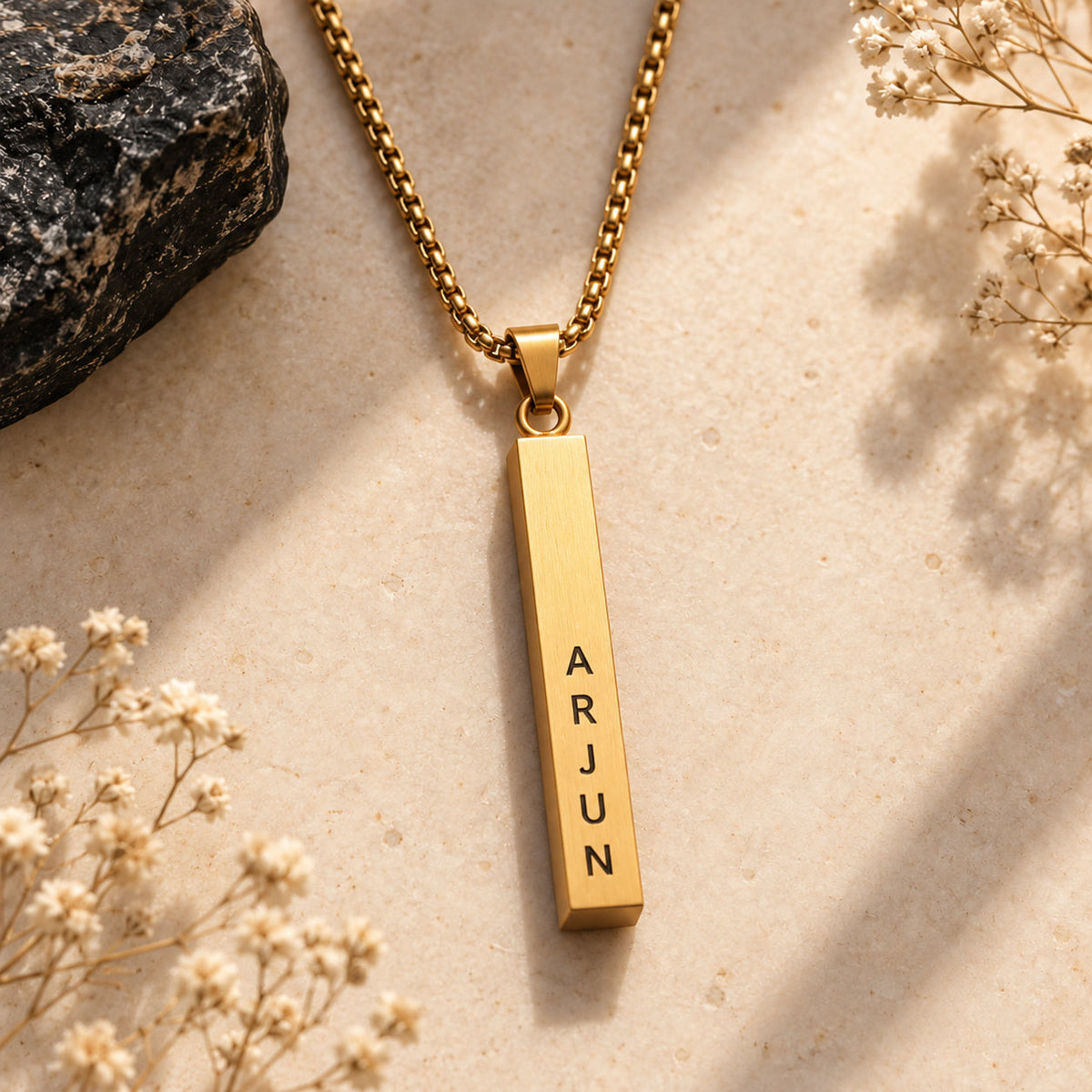 Classic name bar pendant for him in gold stainless steel with engraved name