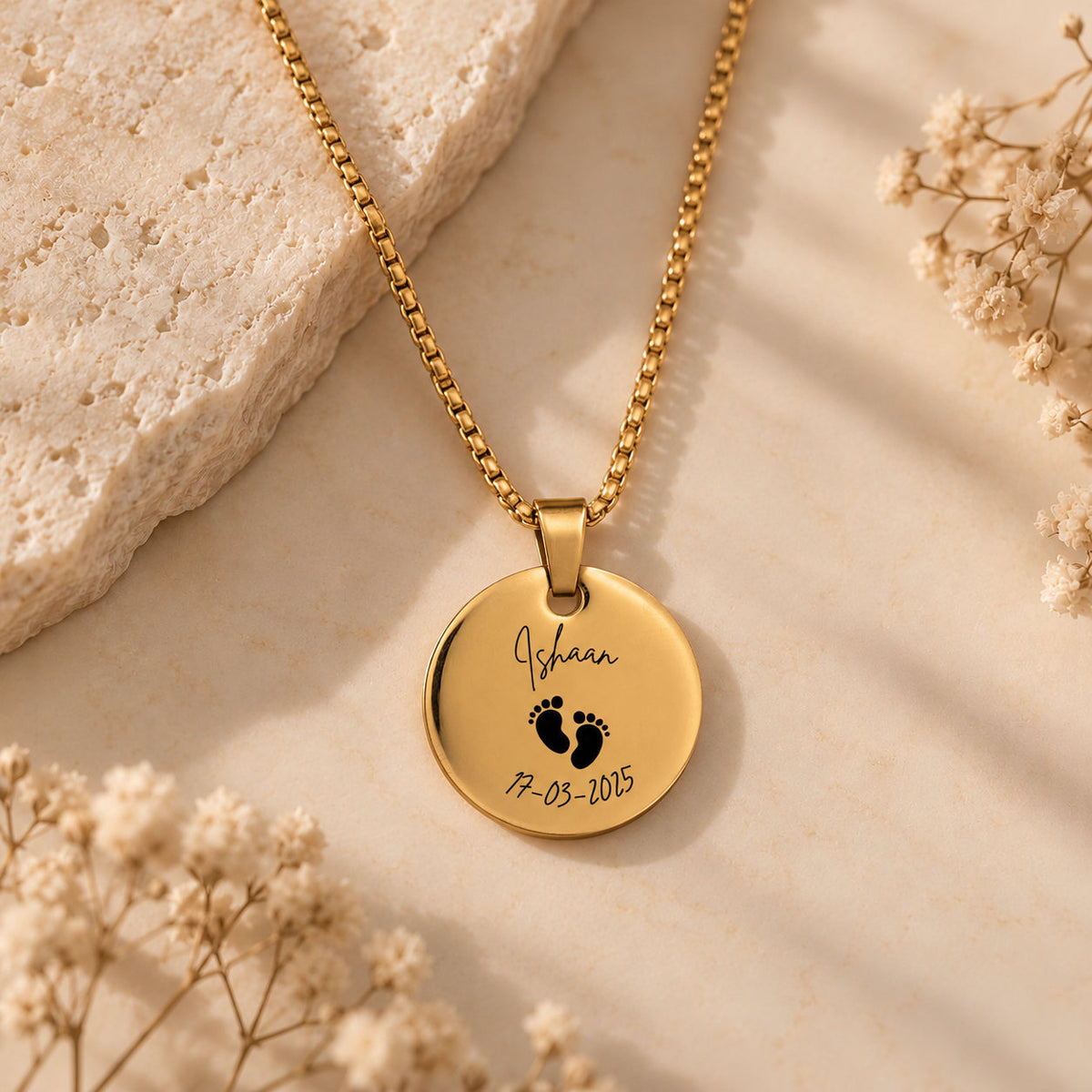 Little Footprints baby name pendant in gold with engraved name, baby feet and birth date