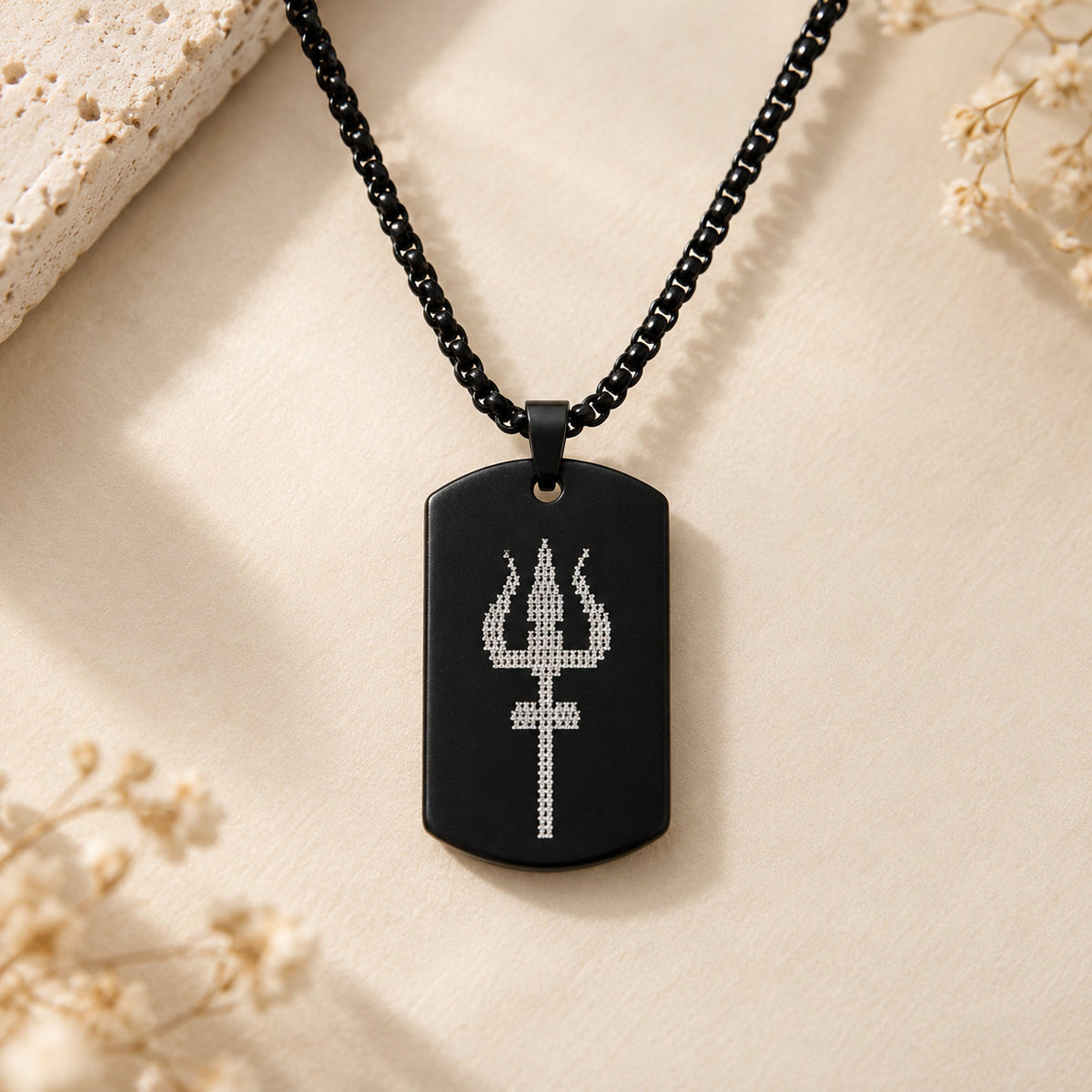 Mahadev Trishul Tag Pendant in black stainless steel with engraved Trishul on box chain