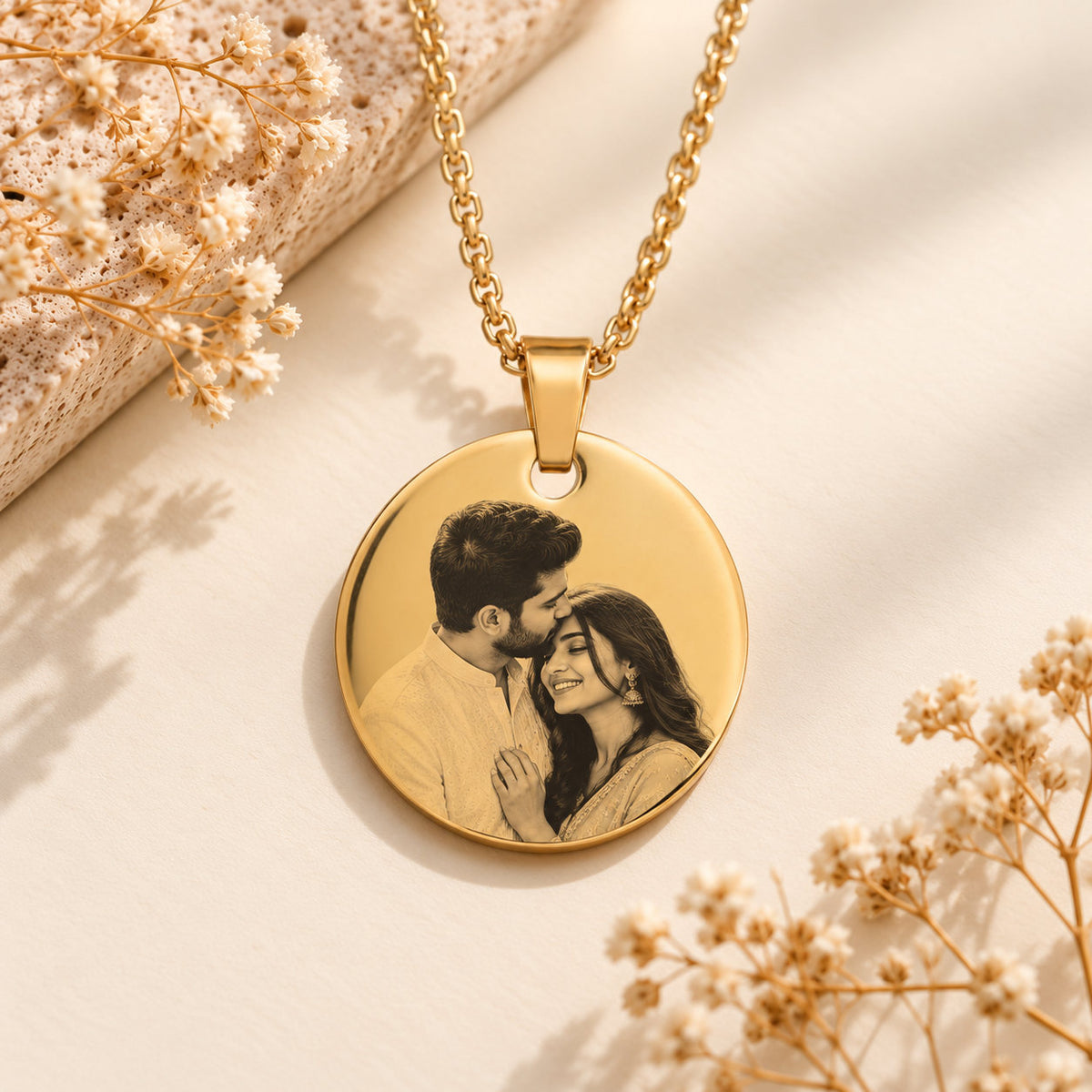 Moments coin photo pendant in gold stainless steel with engraved couple photo