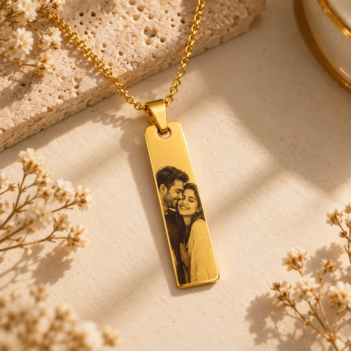 Together Forever couple photo bar pendant in gold stainless steel