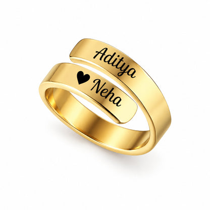 Two Hearts couple name ring in gold, adjustable wrap ring with two engraved names and a heart