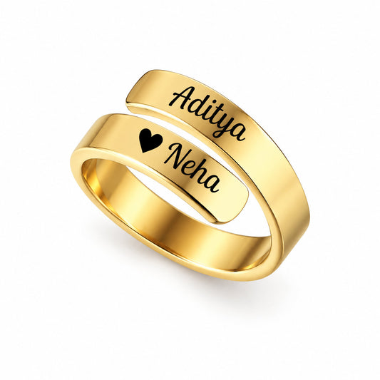 Two Hearts couple name ring in gold, adjustable wrap ring with two engraved names and a heart