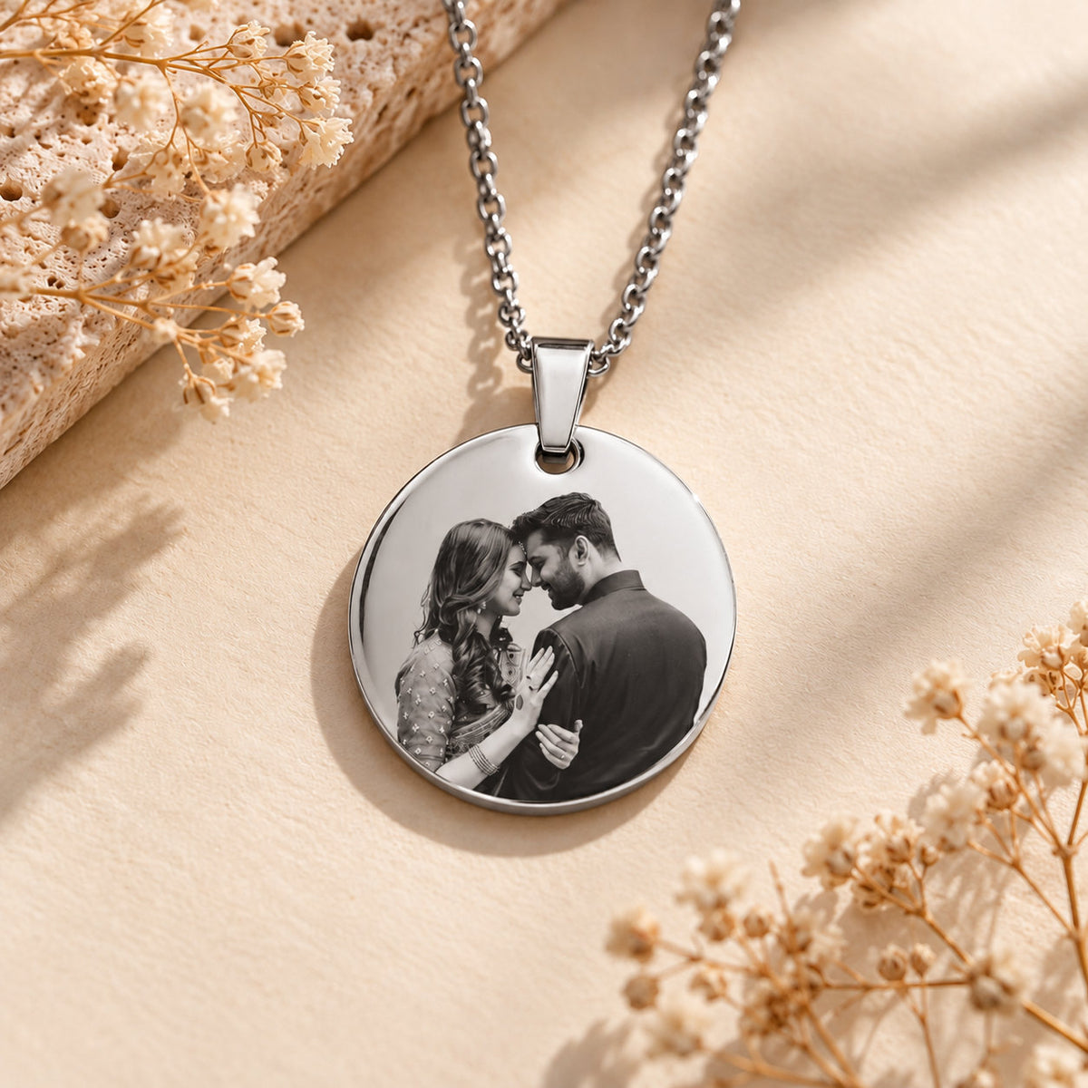 Moments coin photo pendant in silver stainless steel with engraved couple photo