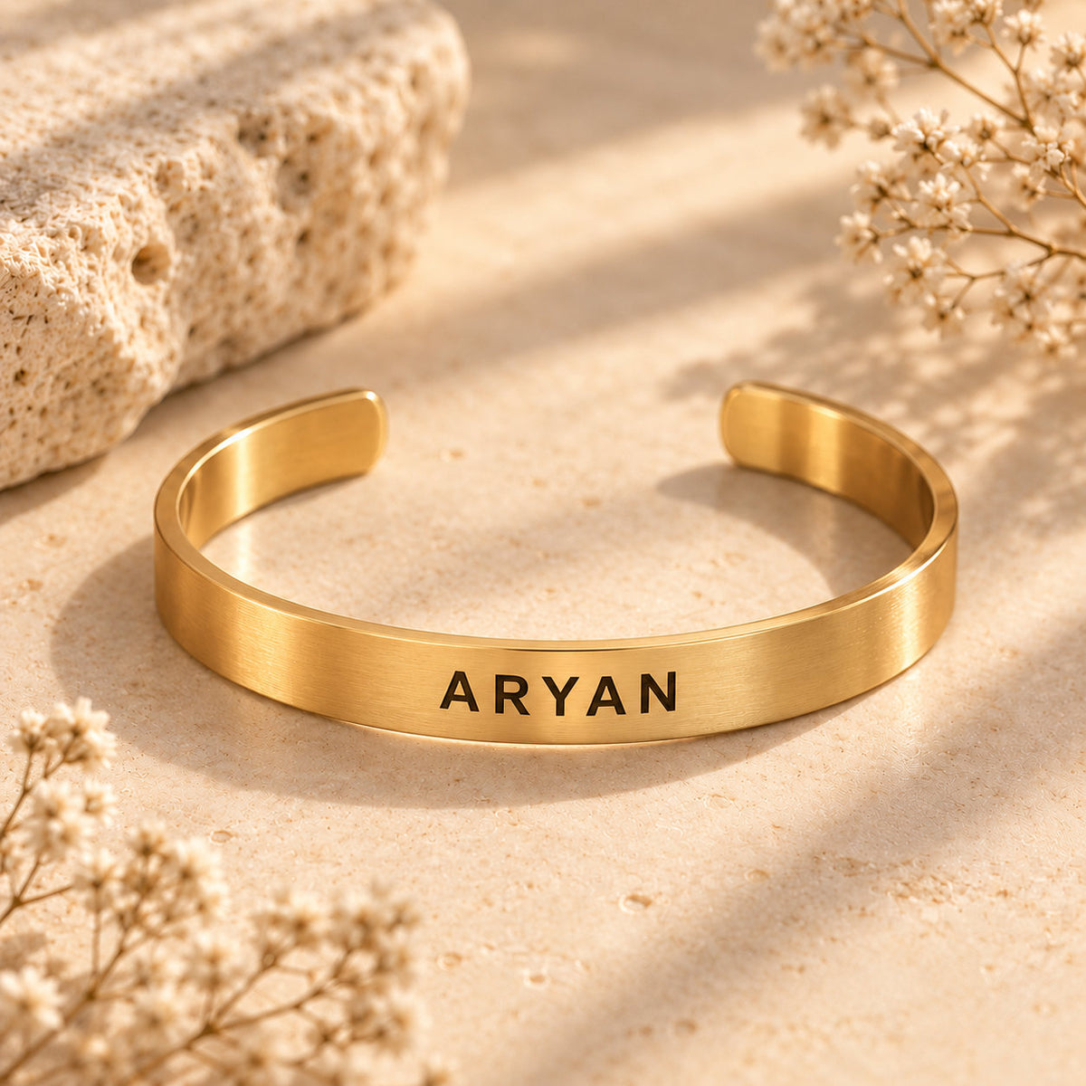 Personalized name cuff bracelet in gold stainless steel with engraved name