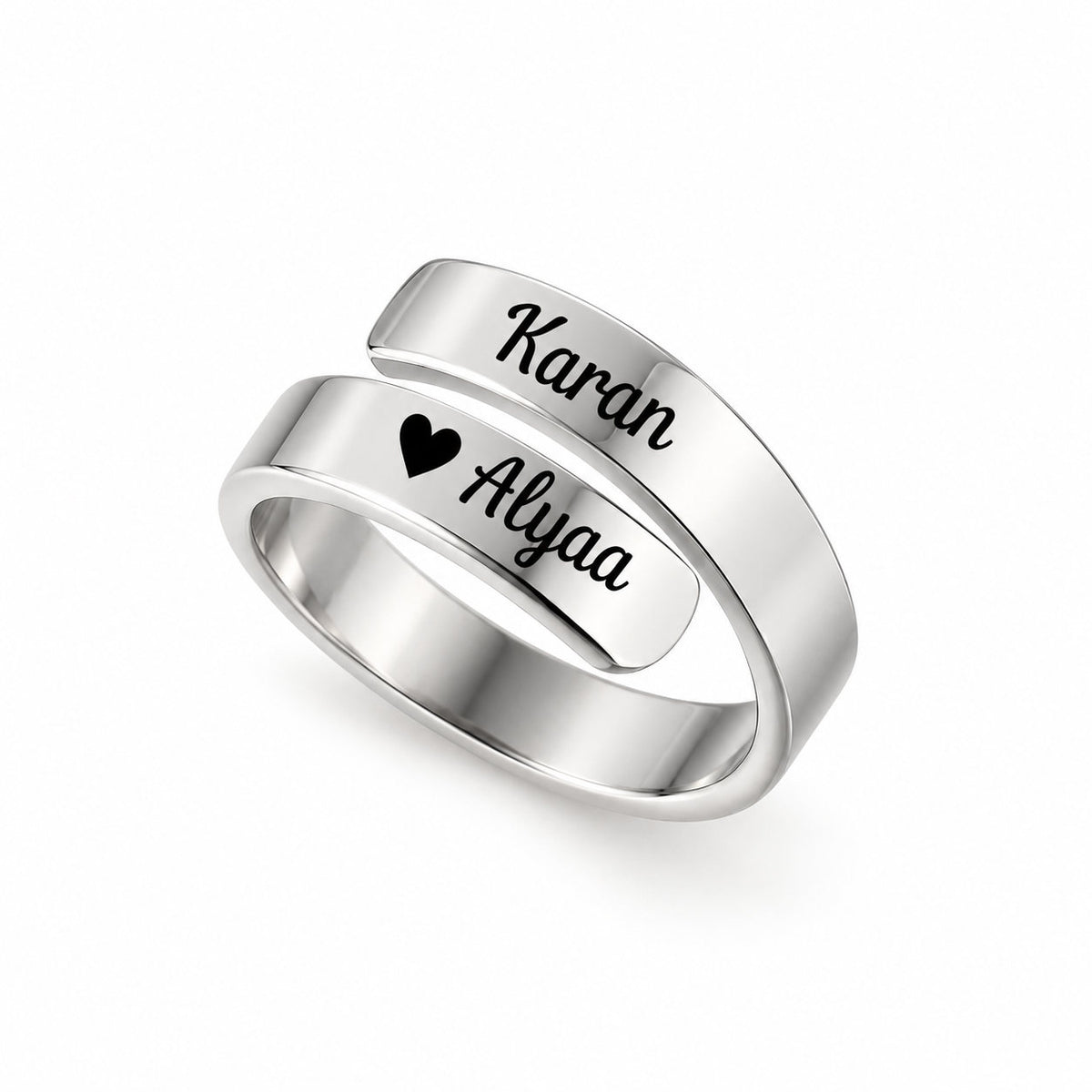 Two Hearts couple name ring in silver stainless steel, adjustable wrap ring with two engraved names and a heart