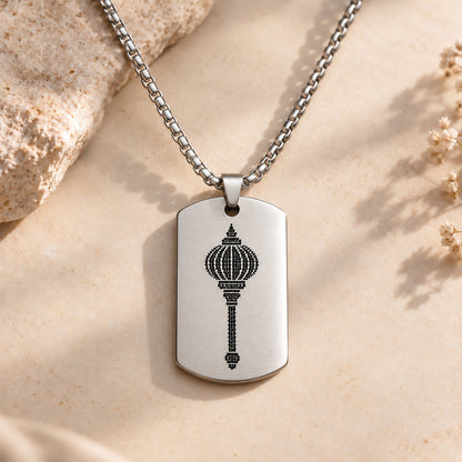Hanuman Gada Tag Pendant in silver stainless steel with black micro-engraved gada on silver chain