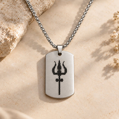 Mahadev Trishul Tag Pendant in silver stainless steel with black engraved Trishul on silver chain