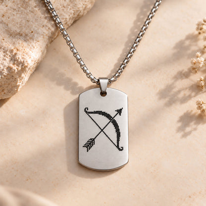 Shri Ram Dhanush Tag Pendant in silver stainless steel with black micro-engraved bow and arrow on silver chain