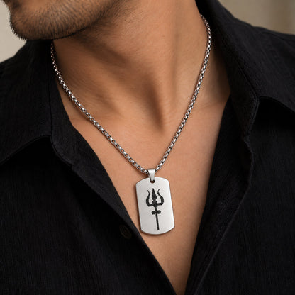 Man wearing silver stainless steel Mahadev Trishul tag pendant on silver chain