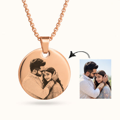 Rose gold coin photo pendant showing a customer photo turned into engraving