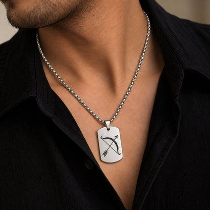 Man wearing silver stainless steel Shri Ram dhanush tag pendant on silver chain