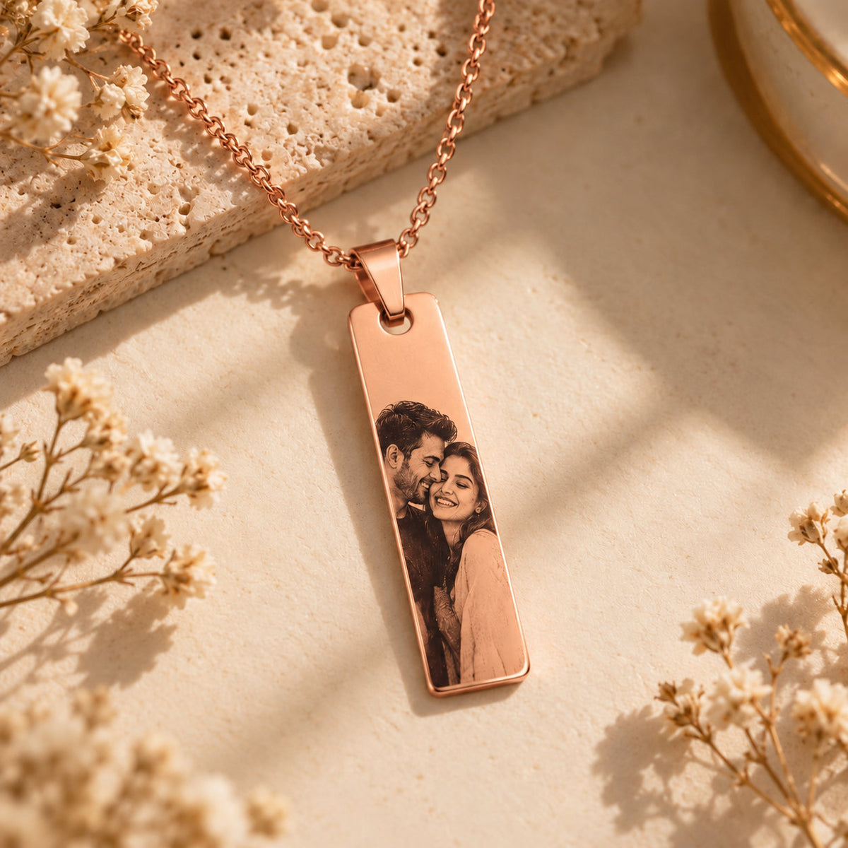 Together Forever couple photo bar pendant in rose gold stainless steel