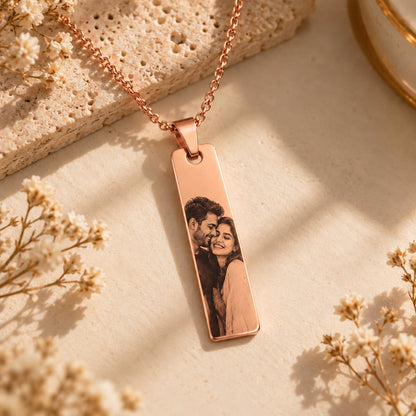 Together Forever couple photo bar pendant in rose gold stainless steel